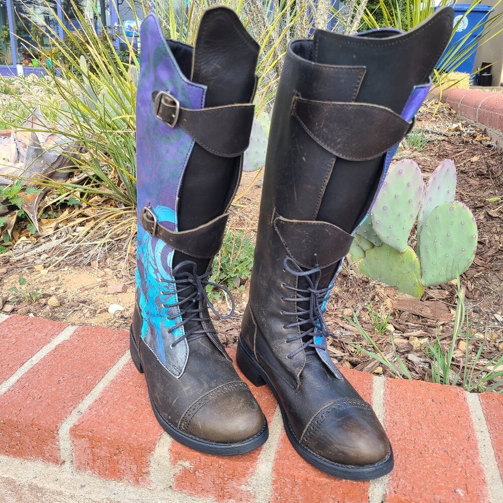 Vtg Durango Tall Boot Dk Brown 7/8 Art To Wear Purple Blue Brogue Cosmic Renfair